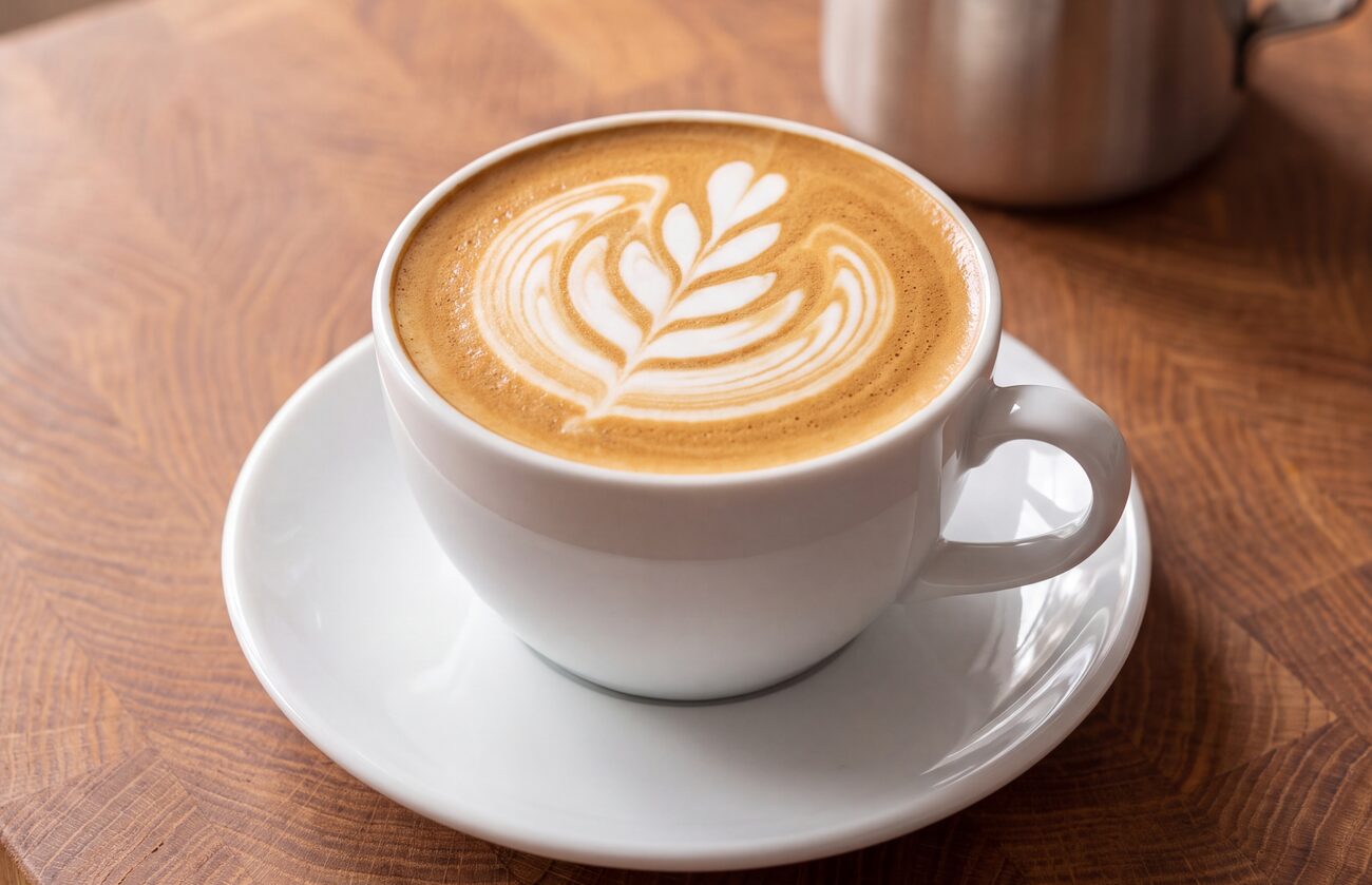 Cappuccino met een rosetta in de melkschuim, in een wit porseleinen kopje op een houten aanrecht