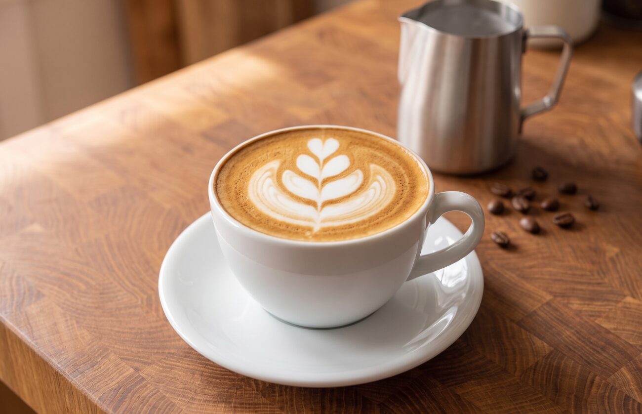 Cappuccino met een tulip in de melkschuim op een eiken werkblad