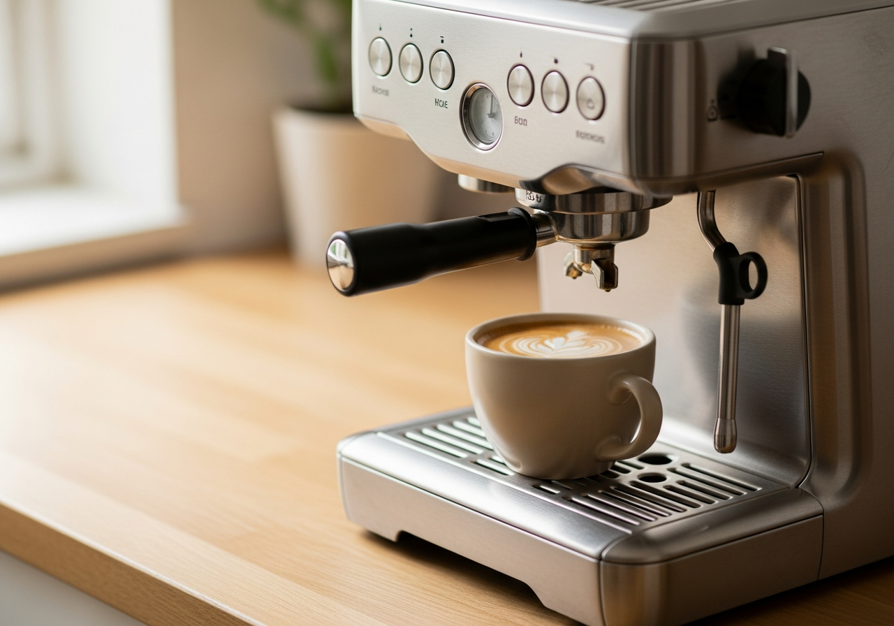 Espresso met latte art onder een espressomachine