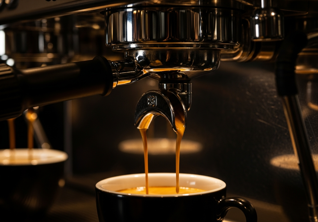 Espresso die uit de portafilter in een kopje stroomt