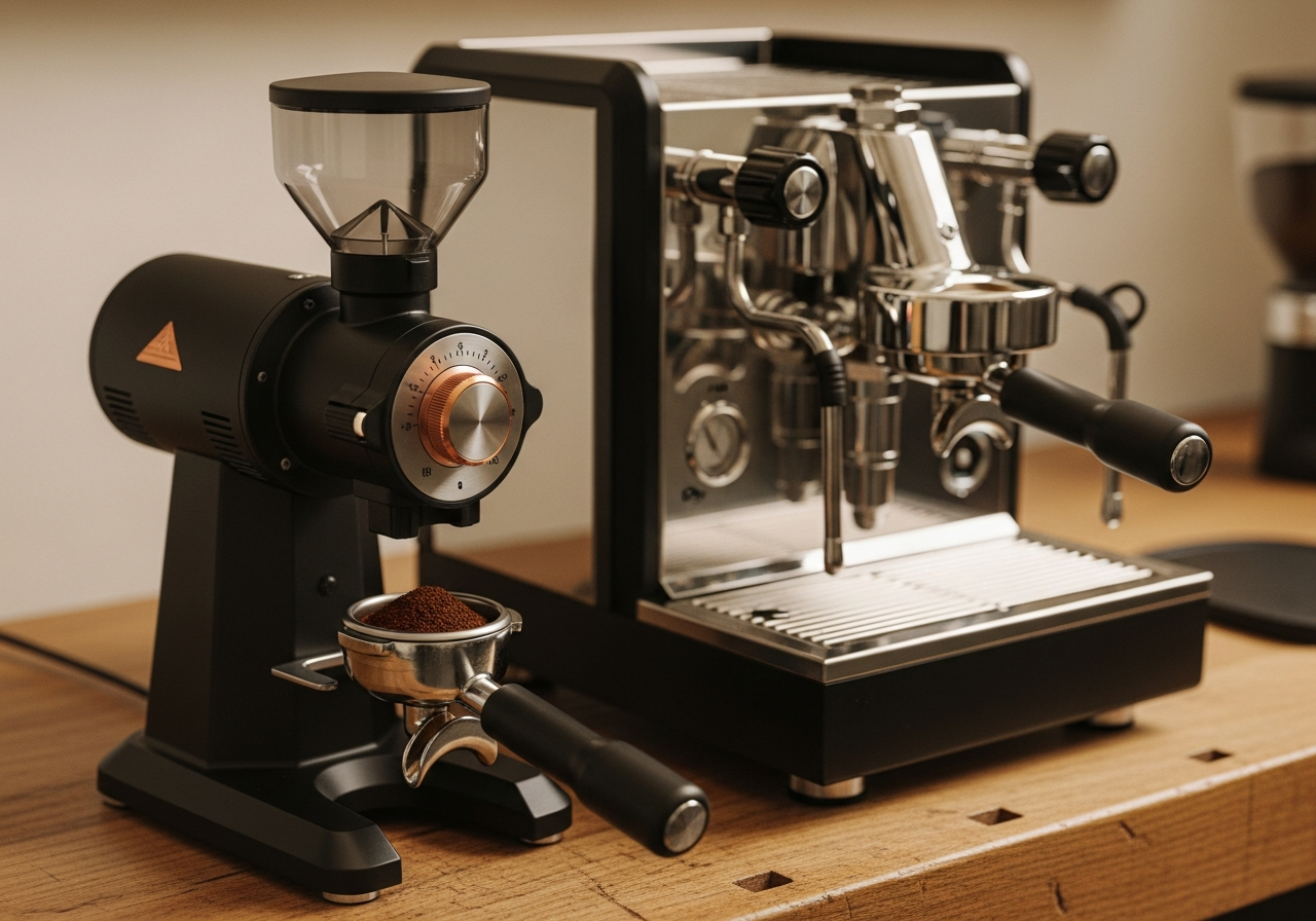 Espressomachine met losse molen op een houten werkblad