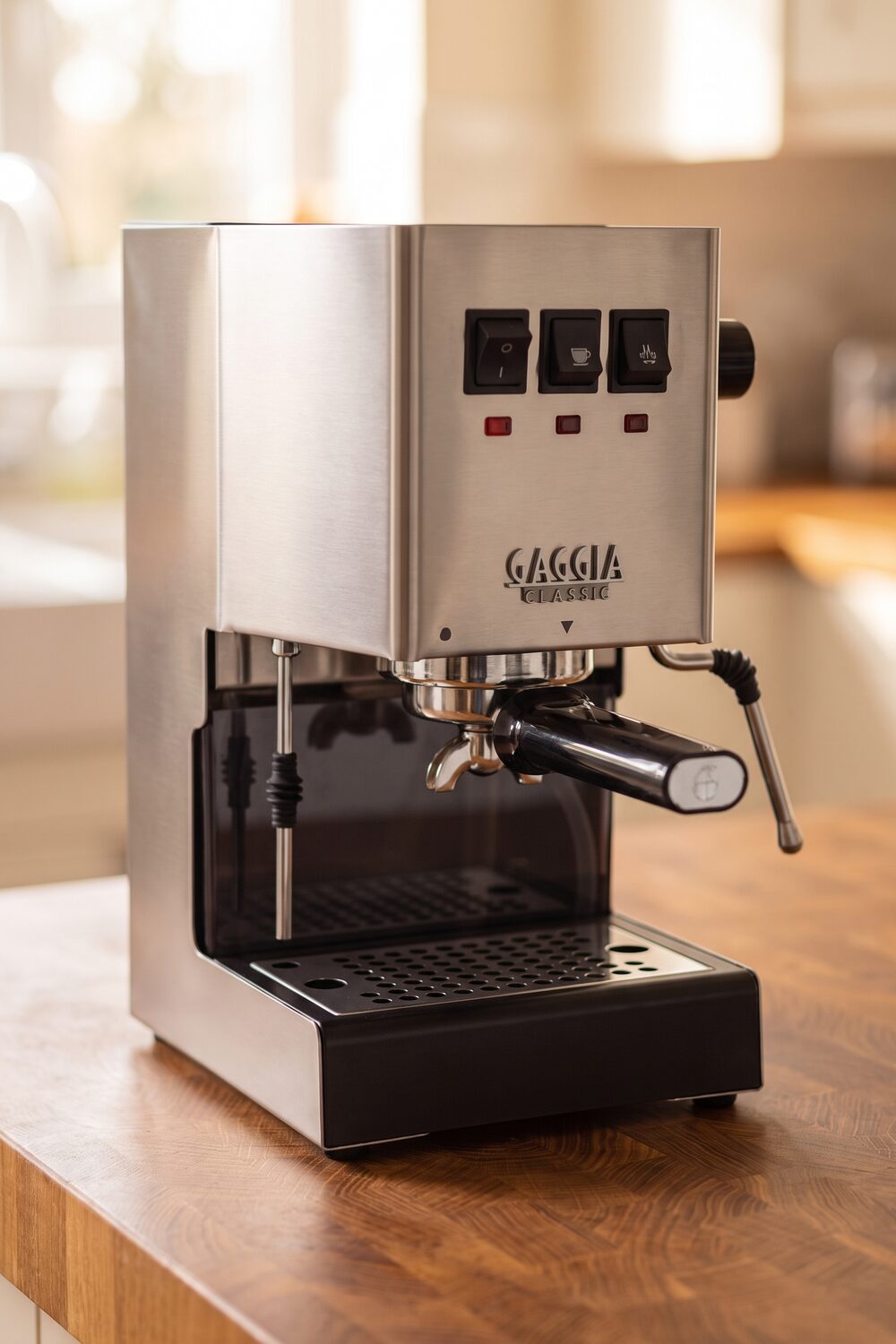 De Gaggia Classic Evo Pro in geborsteld staal op een eiken werkblad
