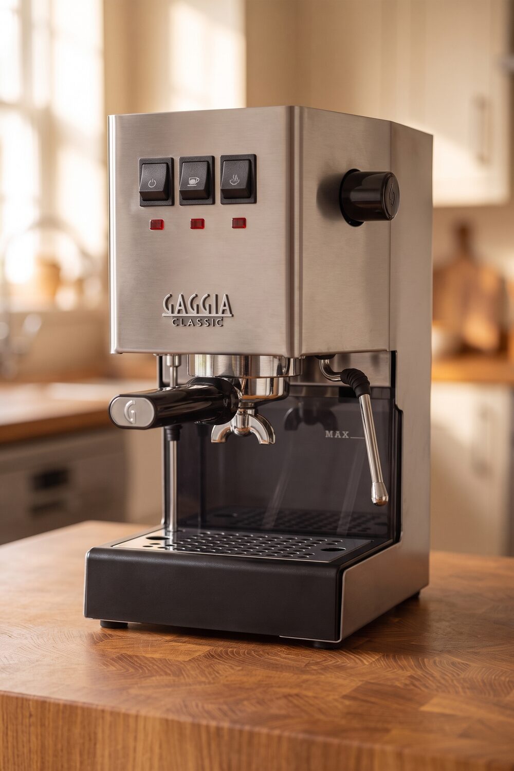 De Gaggia Classic Pro in geborsteld staal met zwarte voet op een eiken werkblad