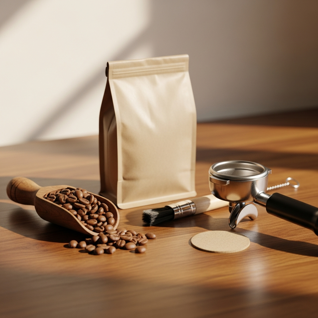 Koffiebonen, reinigingsborstel, portafilter en een zak bonen op een houten werkblad