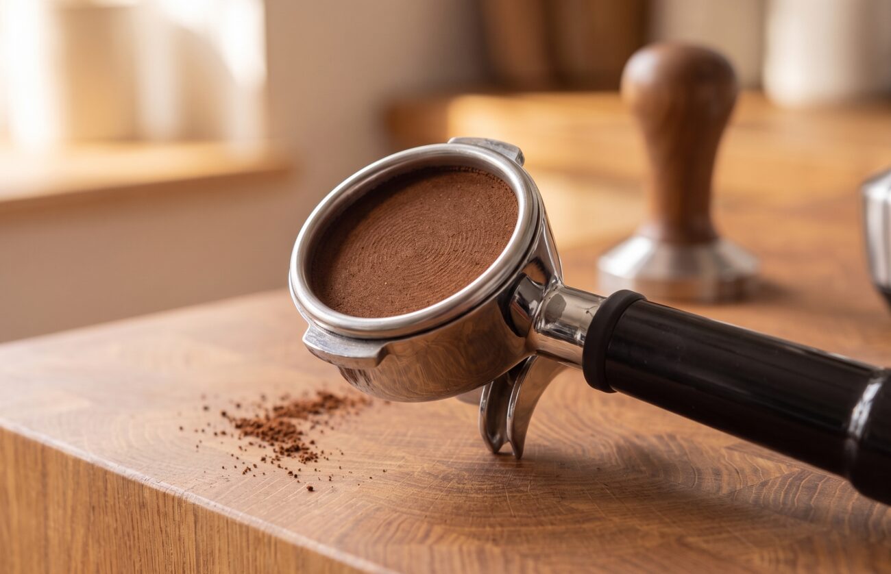Een aangedrukt koffiebed in een chromen portafilter op een eiken werkblad