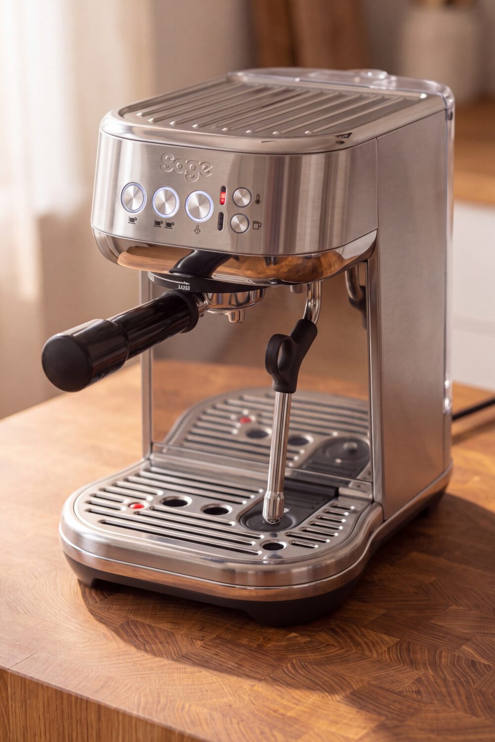 De Sage Bambino Plus op een eiken werkblad, compact naast een kop espresso