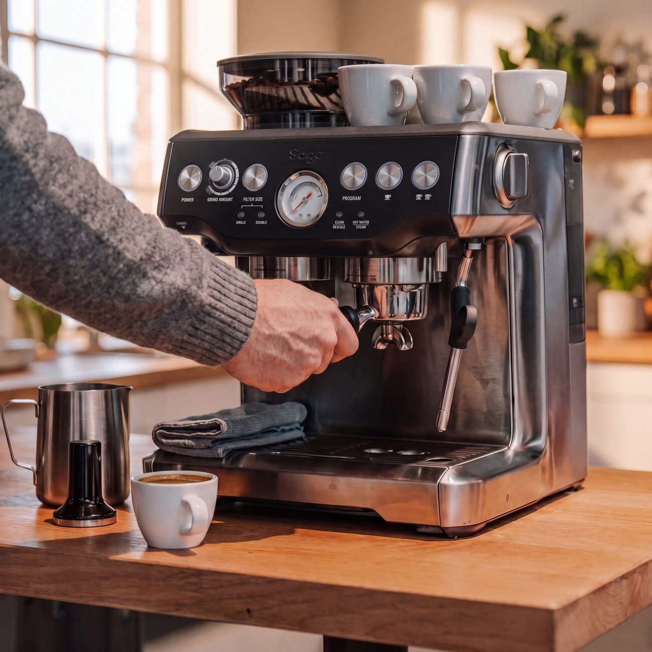 De Sage Barista Express op een houten aanrecht, met de portafilter die in de groep wordt vastgezet