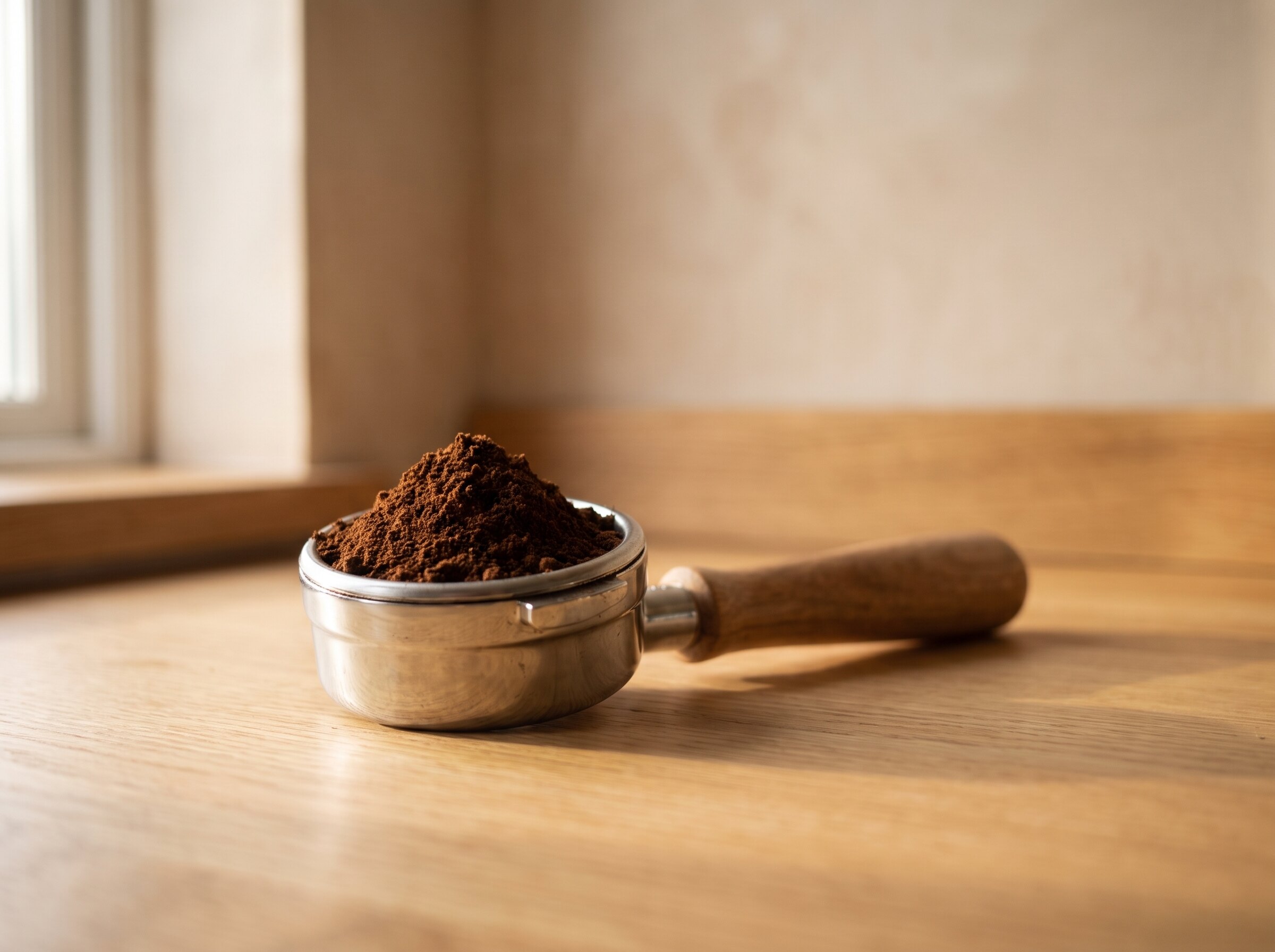 Filterdrager gevuld met een bergje gemalen koffie, liggend op een eikenhouten aanrecht