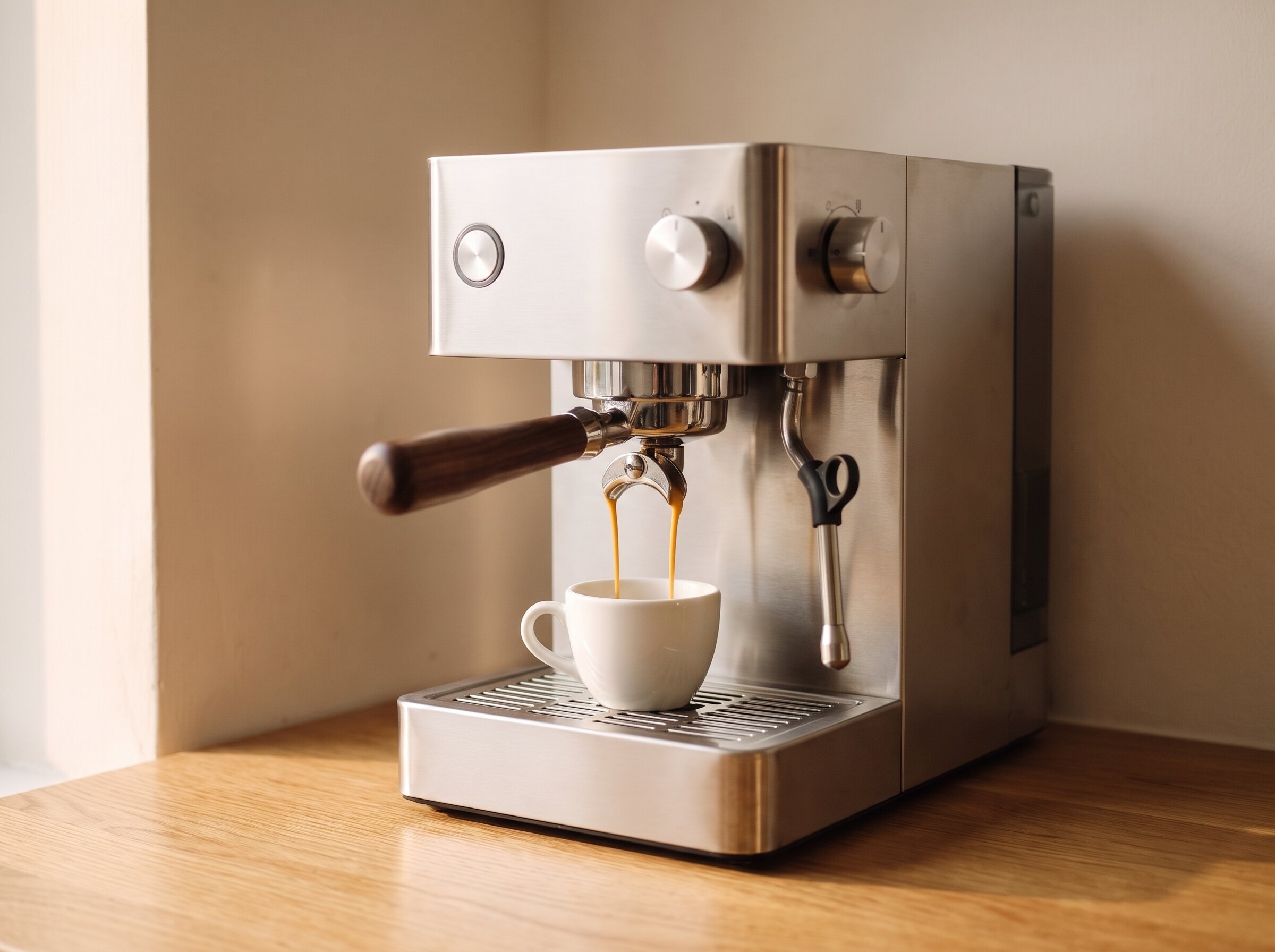 Espresso met crema stroomt uit een vastgeklikte filterdrager in een kopje dat op het lekrooster van de machine staat